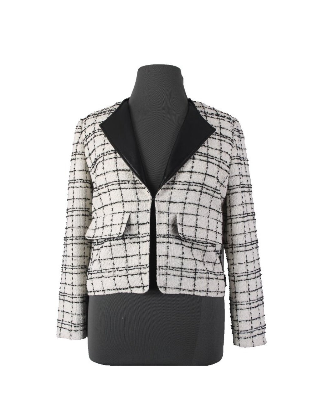 Chicos Blazer Jacket $139 Sz 2 White Black Gold Tweed Faux Leather Poly Metallic